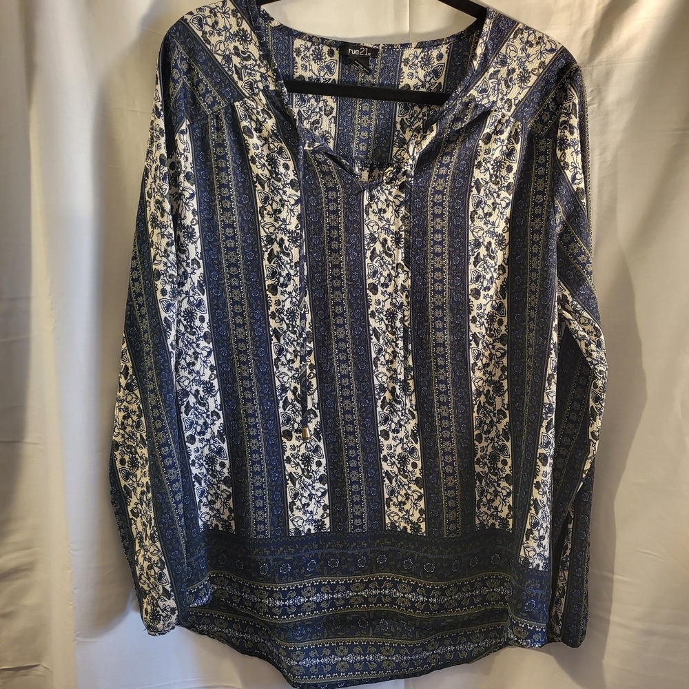 Rue 21 Womens Blue Floral Stripe Print Long Sleeve Tunic Top Size L Peasant Boho